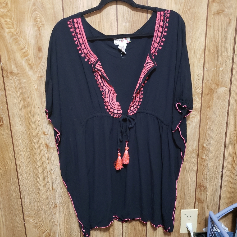 Ocean Pacific OP Swimsuit Cover Up  Med (7-9) Black/ Pink  Drawstring Gauzy